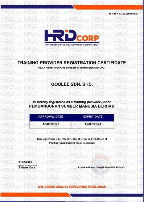 Preview of HRD Corp Training Provider certificate