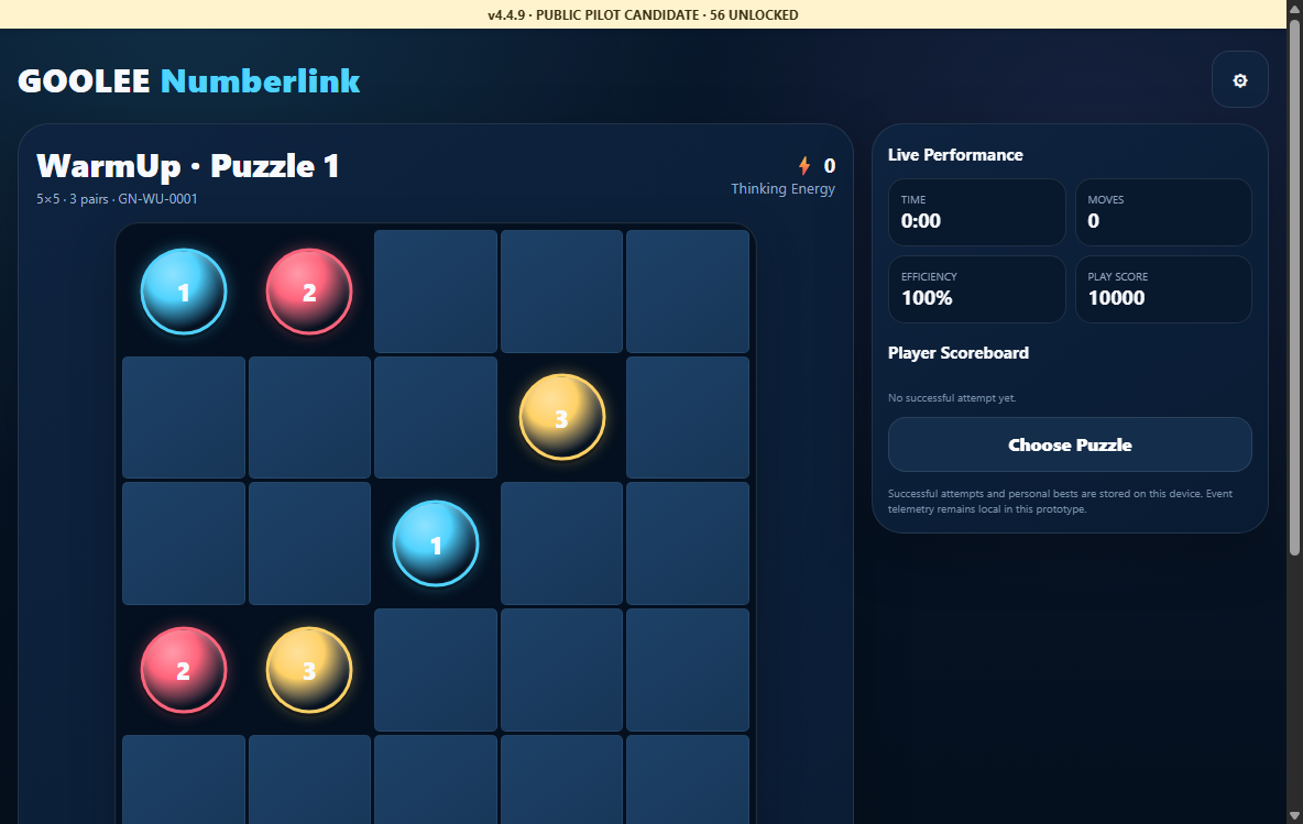 GOOLEE-Numberlink gameplay screen showing a WarmUp puzzle board with numbered colored pairs